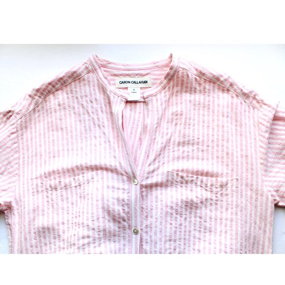 Caron Callahan Kalloni Shirt Dress / Small / Pink Linen Stripe Oversized Midi - Picture 6 of 9